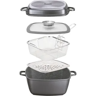 STONELINE Aluguss Bräter Induktion 28 cm 7,1 L Set 5-teilig Eckiger Bräter mit Deckel Frittierkorb Dampf-Einsatz, Schmortopf Backofen Auflaufform Backform Antihaftbeschichtet mit echten Steinpartikeln