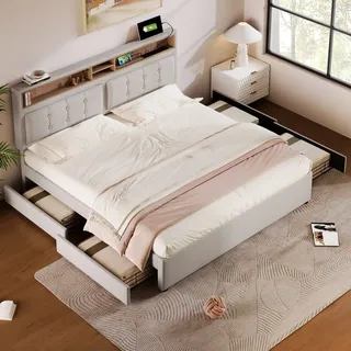 okwish Polsterbettgestell 140 x 200 cm, Doppel-Designbett mit 4 Schubladen und USB-C-Buchse, höhenverstellbares Kopfteil, Holzlattenbett (Matratze... - Beige