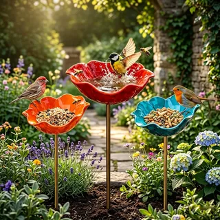Vogeltränke Metall Futterstation Vögel Gartenstecker,Vogeltränke Winterfest Für Den Garten,Bienentränke Blume Insektentränke Flower Garden Stake Bird Bath, Gartens Für Bienens Schmetterlingstränke (B)