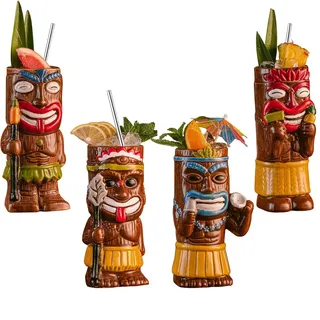 Vinbcorw Cocktail Tiki Becher Set, 4 Stück exotischer, mattierter Becher mit 4 Trinkhalmen, Tiki-Party, kreatives Cocktailglas, Getränke, Bar-Getränkegeschirr, exotisches, süßes Bargeschirr,A8