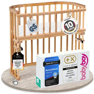 babybay Original Beistellbett aus massivem Buchenholz/kompakt & verwandelbar/Kinderbett Höhe stufenlos verstellbar/mitwachsendes Babybett (Kernbuche geölt) / inkl. Matratze, Gitter, Rollen