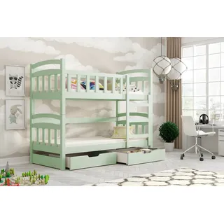 thematys Etagenbett Hochbett mit Rausfallschutz – inkl. 3 Matratzen, Ausziehbett & (2 Schubladen - Kinder Stockbett aus Massivholz) grün