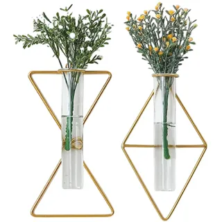 yaocoral Nordische Wandvase zum Aufhängen, geometrische goldene Blumenvase, Wandhalterung, Metallrahmen, Vasen, Hydrokultur-Glasvase, Dekoration für Zuhause, Hochzeit, Bauernhaus, 2 Stück