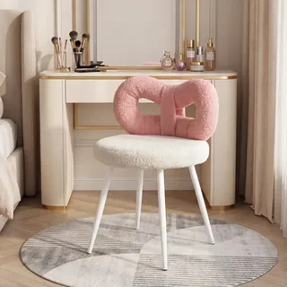 Flasidu – Hocker Aus Kunstwolle – Schminktischstuhl – Maße: 43 × 35 × 73 Cm – Weißes Sitzkissen – Rosa Geschwungene Rückenlehne – Holzbeine