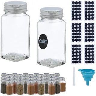 Relaxdays Gewürzgläser 36er Set, Streueinsatz, Gewürzdosen Glas, 120ml, inkl. Etiketten, Stift & Trichter, Transparent