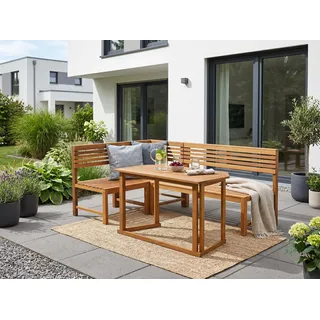 Balkontisch-Set mit Eckbank – Akazienholz ca. 150 x 100 x 90 cm | 4-teiliges Balkonmöbel-Set, Akazienholz geölt, Klappbarer Tisch, Für Balkon Terrasse & Garten