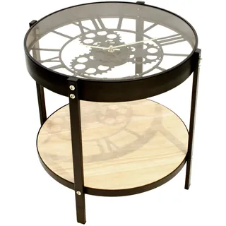HOME DECO FACTORY Runder Beistelltisch mit Uhr Klein Schwarz | Runder Beistelltisch aus Metall und Glas, Uhrenmotiv, kleines Modell, Wohnzimmer, 40,5 x 40,5 x 39 cm und transparent
