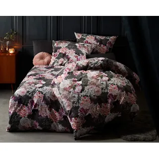 Bettwaesche-mit-Stil Moderne Blumen Mako Satin Bettwäsche anthrazit rosé - Kissenbezug 40x40 cm - 100% Baumwolle