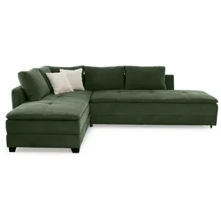 luma-home Ecksofa 15164, Dauerschläfer-Doppelbett B306/T223/H95 cm, Schwenkteil L/R, Bettkasten, Nachtkonsole, Boxspring, Federkern, Wellenunterfederung, Topper, Bezug Cord Grün grün