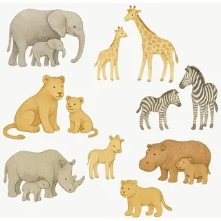 Wandtattoo Kinderzimmer Safari Mutter und Kind, 11er Set, Elefant, Giraffe, Löwe, Zebra, Nashorn, Nilpferd, Wandsticker selbstklebend und ablösba... - Bunt