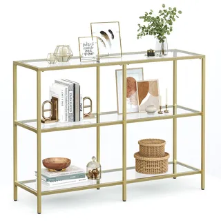 VASAGLE Konsolentisch, Regal, 3 Ablagen aus Hartglas, Flurtisch, 30 x 100 x 73 cm, Metallrahmen, modern, für Flur, Wohnzimmer, Schlafzimmer, goldfarben-transparent LGT27G