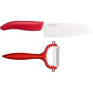 KYOCERA Messer-Set (Set, 2-tlg., 1 x Santokumesser, 1 x Sparschäler), extrem scharfe Hochleistungskeramik-Klinge rot