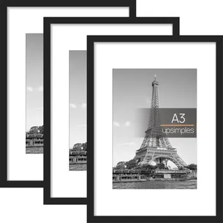 upsimples 3 Pack Bilderrahmen A3 Schwarz, Picture Frame für Kunstwerke | 29.7x42 cm Rahmen für Kinderzeichnungen, Bilder, Illustrationen, Wandbilder für Kinderzimmer, Wohnzimmer, Büro
