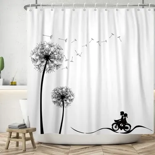 Ttincceer 183x213cm Löwenzahn Duschvorhang Schwarz Weiß Löwenzahn Pflanze Bad Vorhang Junges Paar Radfahren Silhouette Duschvorhänge Einfach Modern Wasserdicht Badewanne Vorhang