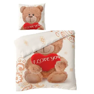 2 tlg Winter Bettwäsche Microfaser 135x200 cm Thermo Fleece Teddy Love Herz Bär