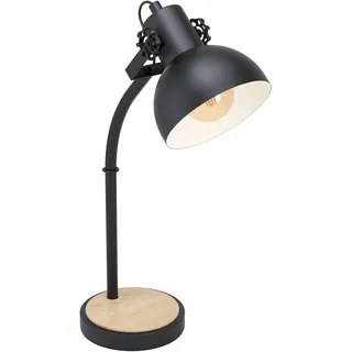 EGLO Tischlampe Lubenham, Vintage Tischleuchte im Industrial Design | Retro Nachttischlampe aus Stahl und Holz, Farbe Schwarz, braun, FSC zertifiziert, Fassung E27, inkl. Schalter