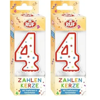 RUF Zahlenkerze Nummer 4, rote Geburtstags-Kerze mit bunten Sternchen, hochwertige Jubiläums-Kerze mit Tropfschutz, ideal als Kuchen Deko, 1 Stück (Packung mit 2)