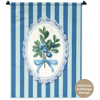 MuchoWow Wandteppich Illustration - Beeren - Blau - Streifen, Rechteckig, Höhe: 3 mm, Wandtuch für Wohnzimmer, Schlafzimmer, 60x80 cm Rechteckig | 60 cm x 80 cm x 3 mm