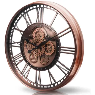 TOKTEKK Wanduhr Große 70cm mit Bewegliche Zahnrad, Vintage Retro Industriell Metall Wanduhr Romische Zahlen für Zimmer Zuhause KüChe Schlafzimmer Büro Schule(Vintage Rot)