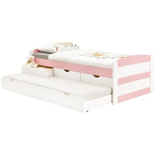 IDIMEX Funktionsbett JESSY, Bett mit Stauraum Jugendbett mit 3 Schubladen Auszugbett Kiefer 90 x 1 rosa|weiß