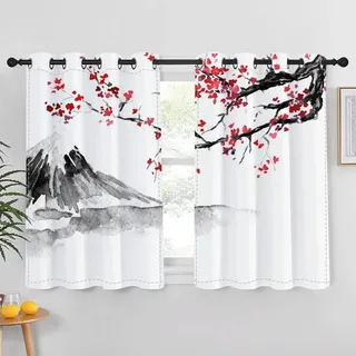 DORCEV Fenstervorhänge, Motiv: rote Pflaumenblüten, orientalisch, asiatisch, traditionell, Tinte, klassische Kunst, natürlich, kreative Vorhänge, Dekoration, japanische Tinte, 107x160 cm, 2 Vorhänge