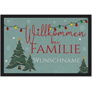PR Print Royal Personalisierte Fußmatte mit Namen - Willkommen bei Familie - Tannenbaum-Motiv - Geschenke zur Adventszeit oder Weihnachten, Adventsgeschenk | rutschfest, 60x40 cm mit Gummirand
