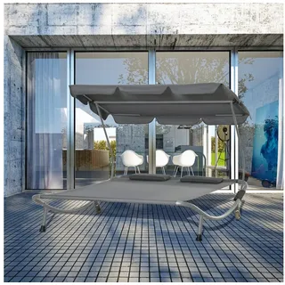 Outsunny Gartenliege Sonnenliege rollbar mit Dach, Liegestuhl mit Kopfkissen, 3 St., Sonnenliege, Moderne Doppelliege mit Sonnendach, leicht beweglich grau