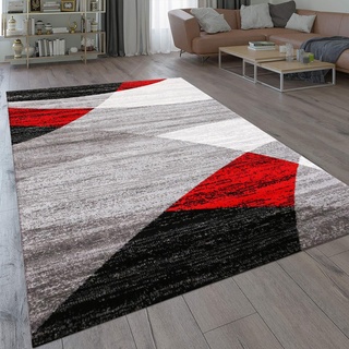 VIMODA Teppich Geometrisches Muster Meliert in Rot Grau Weiß Schwarz Kurzflor Wohnzimmer, Maße:200x280 cm