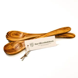 das Olivenholzbrett®Salatbesteck/Servierbesteck Kurze Zacken / 30cm | klassische Salatgabel und Löffel aus Olivenholz/hochwertig und langlebig/Küchenhelfer aus Holz/Holzlöffel