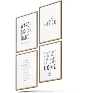 BLCKART Poster-Set Badezimmer - 4 moderne Wandbilder mit Sprüchen - Premium Poster für Bad - Bilder zur Wanddekoration - Größe A5