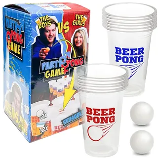 Murago - Bier Pong Trinkspiel 14 teiliges Set - Bierpong Beer Tisch Spiel Trinkspiel Becher Bälle Partyspiel Geschenkset Mitbringsel Mehrweg wiederverwendbar spülmaschinenfest transparent blau rot