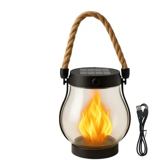 Solar Flammenlicht - Wasserdicht, Wiederaufladbare, Campinglampe Solar Garten Für Außenbereich, Solarlaterne Zum Aufhängen Aus Hanfseil, Mit Flackernder Flamme, Für Außen Hof Terrasse Verandas Balkon