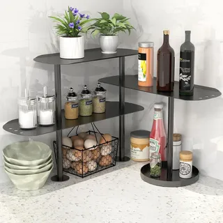 STWWO Organizer für Küche Arbeitsplatten Verstellbar Eckregal Schwarz | 3 Etagen Schreibtisch Organizer Metall Gewürzregal Kaffeebarständer Vertikale Rack für Esszimmer Küchen Badezimmer