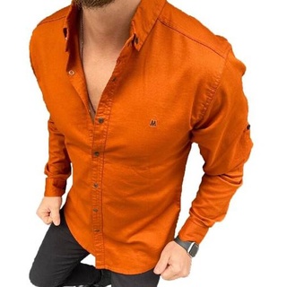 Megaman Langarmhemd Herren designer Premium Megaman Hemd Slim-Fit Business Hochzeit Shirt Hemden Größe XL Orange