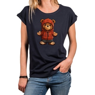 MAKAYA Print-Shirt Damen Kurzarm Teddybär coole lustige freche sexy Sommer Tops Teddy, Motiv blau
