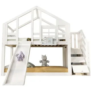 OKWISH Etagenbett Kinderbetten Einzelbett Gästebett (Hausbett Baumhaus, mit 2 Schlafplätze, 3 Schublade), mit Rausfallschutz, 90 x 200 cm 219 cm x 242 cm x 208 cm