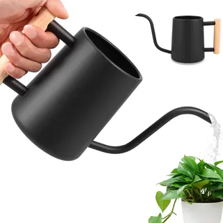 Pflanzen Gießkanne 1l Gießkanne für Zimmerpflanzen Langer Auslauf Edelstahl-Gießkanne mit Stabiler Holzgriff Auslaufsicher Watering Can für Zimmerpflanzen im Freien Garten Blumen (Schwarz)