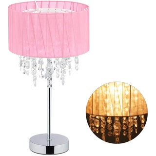 Relaxdays Tischlampe Kristall, Lampenschirm aus Organza, runder Standfuß, Nachttischlampe, HxD 43 x 24 cm, rosa/silber