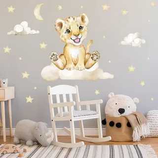 WANDKIND Löwe auf der Wolke V273 | handgezeichnet | AUFKLEBER Babyzimmer | Wandsticker Kinderzimmer mit Sternen Babylöwe Baby Safari (120 x 120 cm)