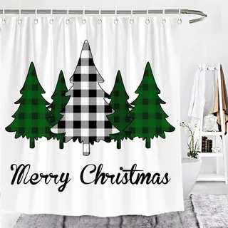 Fröhliche Weihnachten Duschvorhang Mit Büffelkaromuster Und Tannen Im Landhausstil