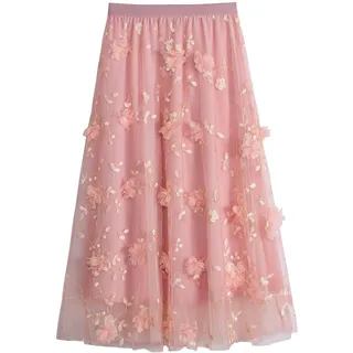 iyoimono Damen Tüllrock Falten Rock Höhe Taille A Line Mesh Freizeit Fashion Skirt Spitze Rock Midi Plisseerock Lässig Frühlingsrock(6803 Rosa) - Einheitsgröße