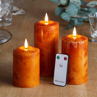 Lights4fun 3er Set TruGlow® LED Echtwachskerzen mit Fernbedienung und Timer Orange batteriebetrieb Herbst Deko Orange