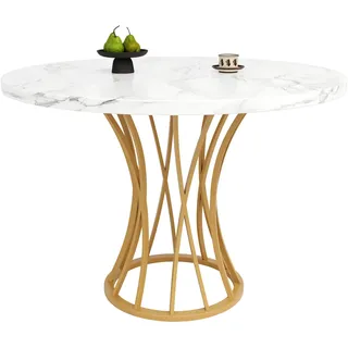 MODFU Esstisch rund 80x80x76 cm Marmoroptik MDF mit Metallgestell höhenverstellbaren Füßen für Esszimmer Wohnzimmer Büro Gold