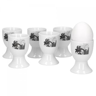 Van Well 6er Set Eierbecher rund Black Flower | Ø 5 cm | H 7 cm | hoher Eier-Ständer | edler Porzellan-Becher | Egg Cup | modernes Dekor