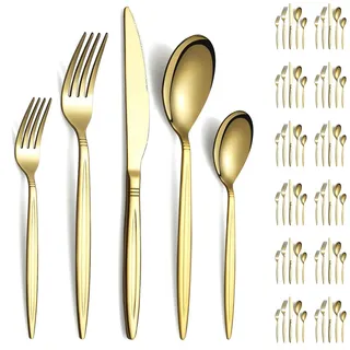 Evanda Gold Besteckset 60 Stück Service für 12, Titan vergoldetes Edelstahl modernes Besteckset, Messer Gabeln Löffel Set für Hochzeit, Partys, Geburtstag, Restauroom, spülmaschinenfest