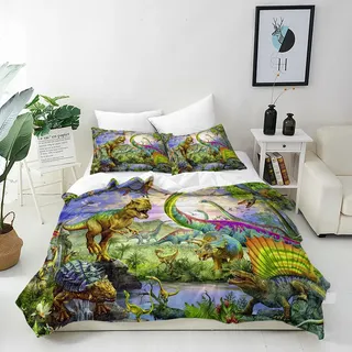 ANHOPE Dinosaurier Bettwäsche Set 100x135 cm + 1 Kissenbezug 40x60 cm | Urzeit Dschungel Dino T-Rex Muster, Bettbezug mit Reißverschluss, Kissenbezug mit Umschlag, für Kinder, Jungen und Mädchen