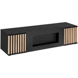 Raumhirsch Furniture Lowboard TV Schrank, TV-Möbel, Fernsehschrank, TV-Kommode (Maße: 163 x 45 x 42 cm (mit Bioethanol-Kamin und 2 Türen), Großzügiger Stauraum, Lamellenfronten, Loft-Design schwarz