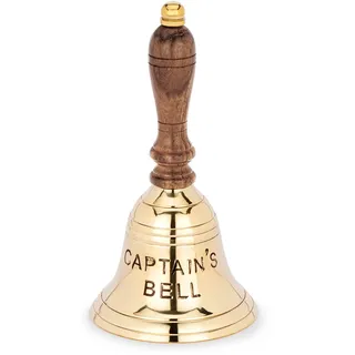 NKlaus 17cm Tischglocke Captain's Bell aus Messing massiv Gold Handglocke mit Holzgriff 11581