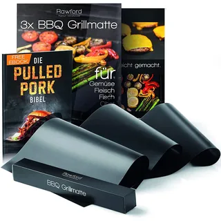 Rawford Grillmatte - Universell einsetzbare Grillmatten für Grill & Backofen - 0,3mm Dicke Grillfolie geeignet für Holzkohle-, Elektro- & Gasgrill - Spülmaschinenfeste BBQ Matte (3er Set)