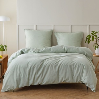 Simple&Opulence Halbleinen Bettwäsche 155x220, Atmungsaktiver Bettbezug Set aus Baumwolle und Leinen mit 80x80 cm Kissenbezug,Oeko-TEX Sommerbettwäsche,Mintgrün